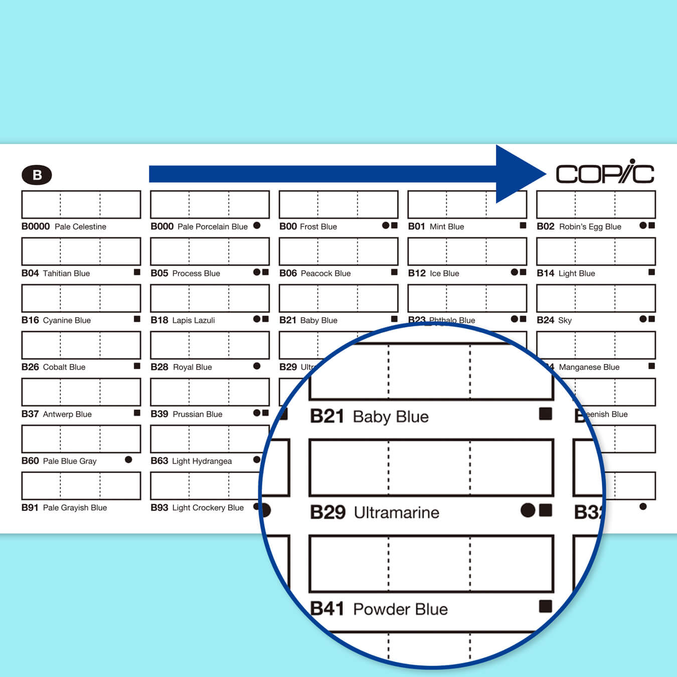チャートボックスは色番号順に左から右に配置されています。●はコピックチャオ、■はコピッククラシックを表しており、コピックスケッチは358色全てが揃っています。